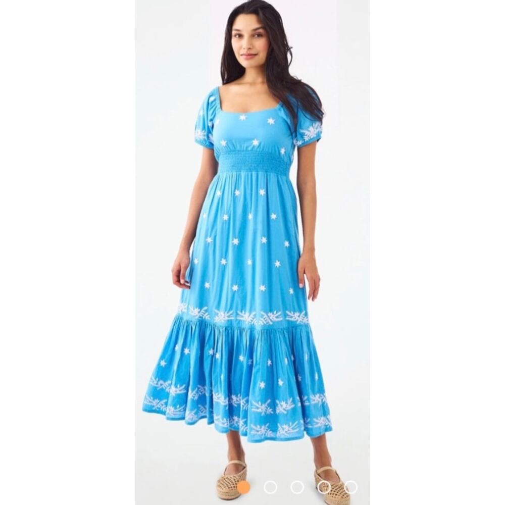 Roller Rabbit Vanna Embroidery Annika Midi Dress Blue Floral Women's L